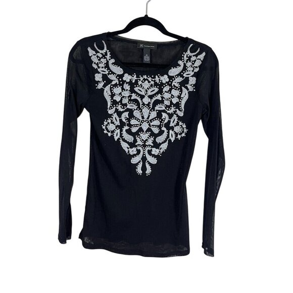 INC Tops - INC Top Women M Black Mesh Floral Rhinestone Y2K Western Fairy Whimsigoth Goth